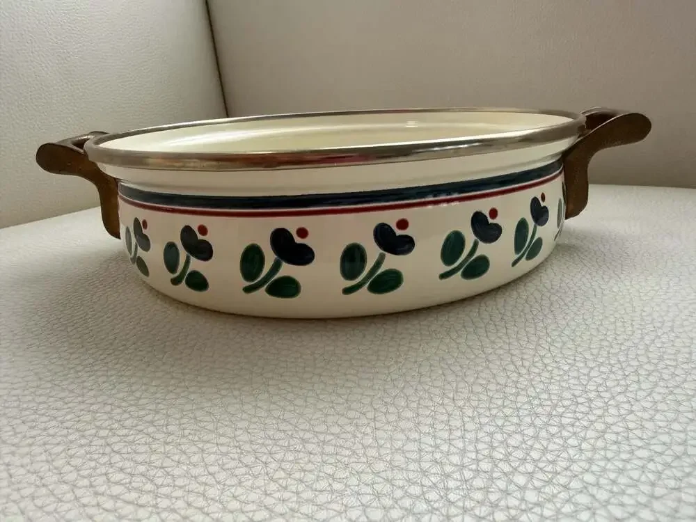 Vintage Asta Enamelware Casserole Serving Pan with Brass Handles Floral Pattern